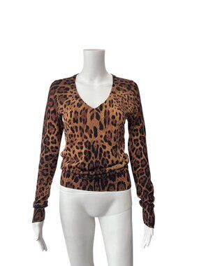 Dolce & Gabbana Brown Leopard Print V-Neck Pullover Wool Sweater sz 2/IT 38